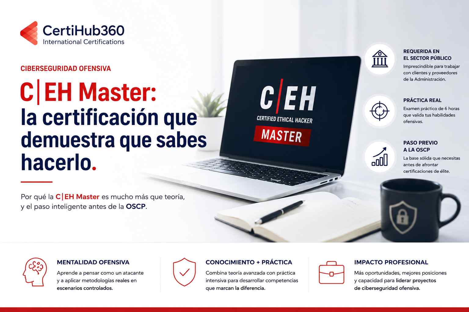 Certificación CEH Master de EC Council orientada al hacking ético y la ciberseguridad ofensiva, con enfoque práctico y reconocimiento en el sector público.