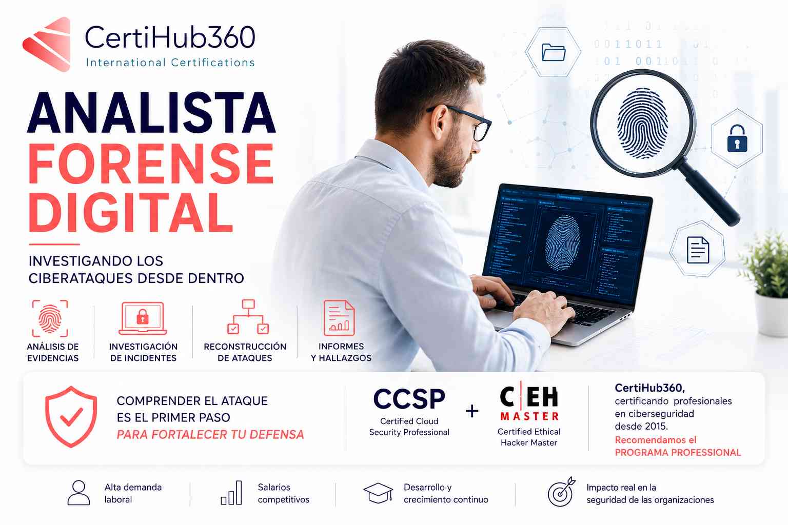 Analista Forense Digital investigando evidencias de un ciberataque para reconstruir un incidente de seguridad