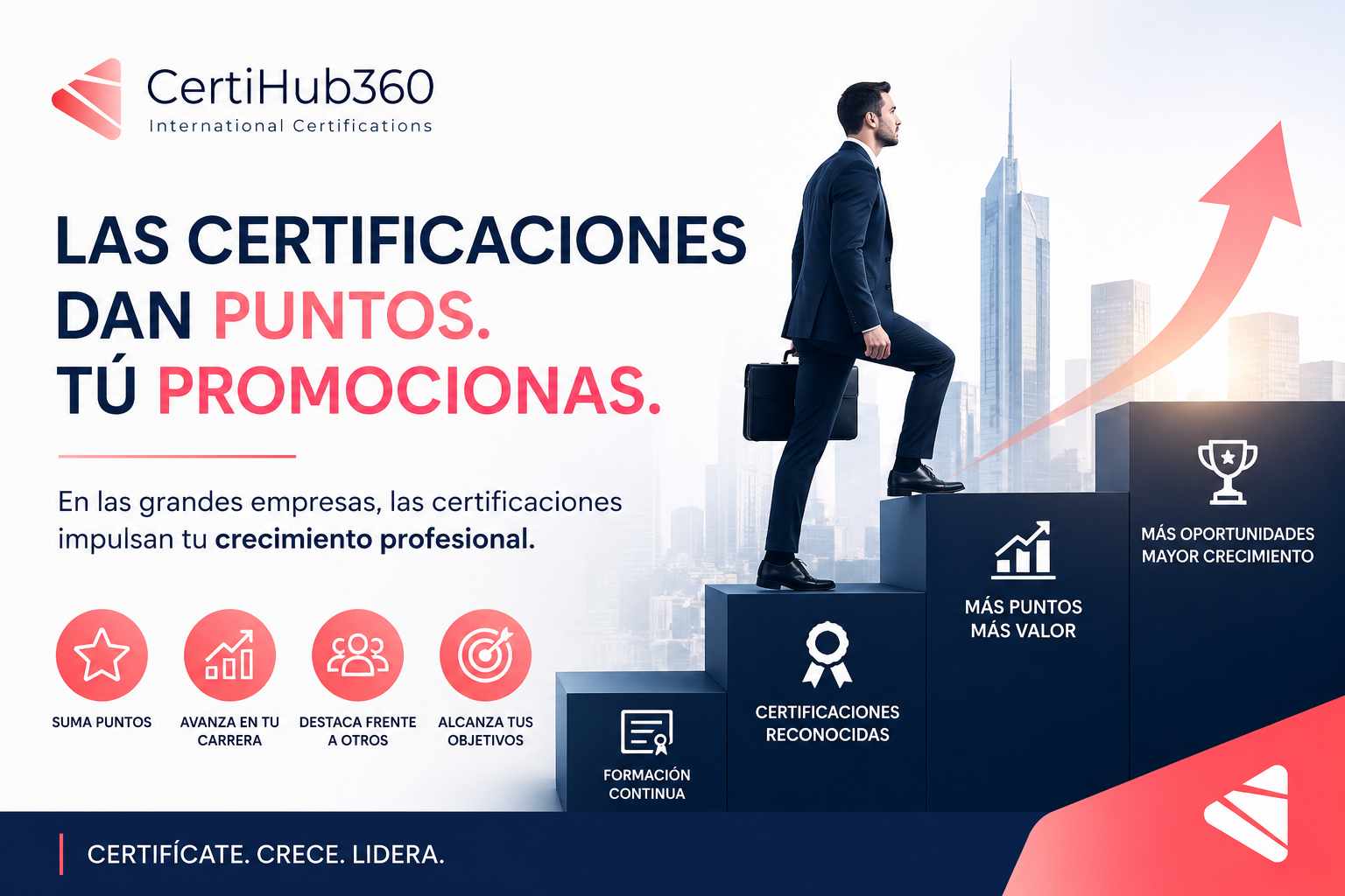 Profesional ascendiendo en su carrera gracias a certificaciones internacionales reconocidas que impulsan la promoción profesional y el desarrollo laboral.
