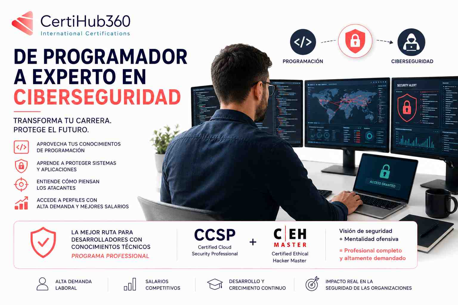 Programador evolucionando hacia una carrera profesional en ciberseguridad mediante formación especializada
