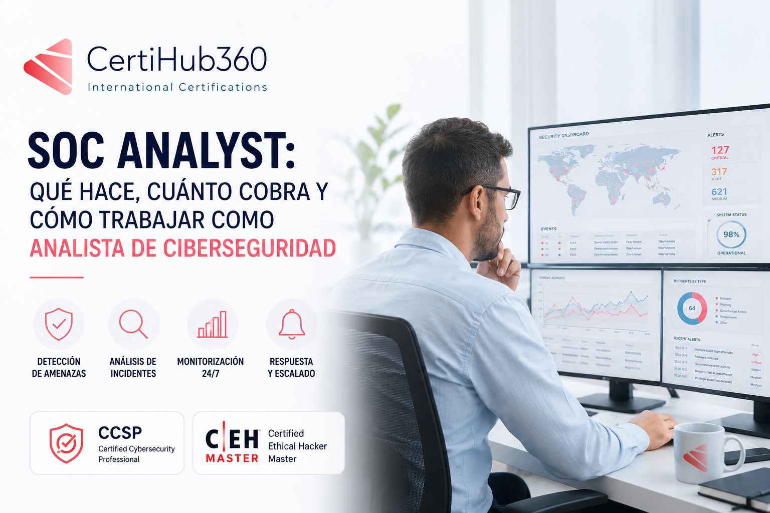SOC Analyst monitorizando alertas de seguridad, detectando amenazas y gestionando incidentes desde un Centro de Operaciones de Ciberseguridad (SOC).