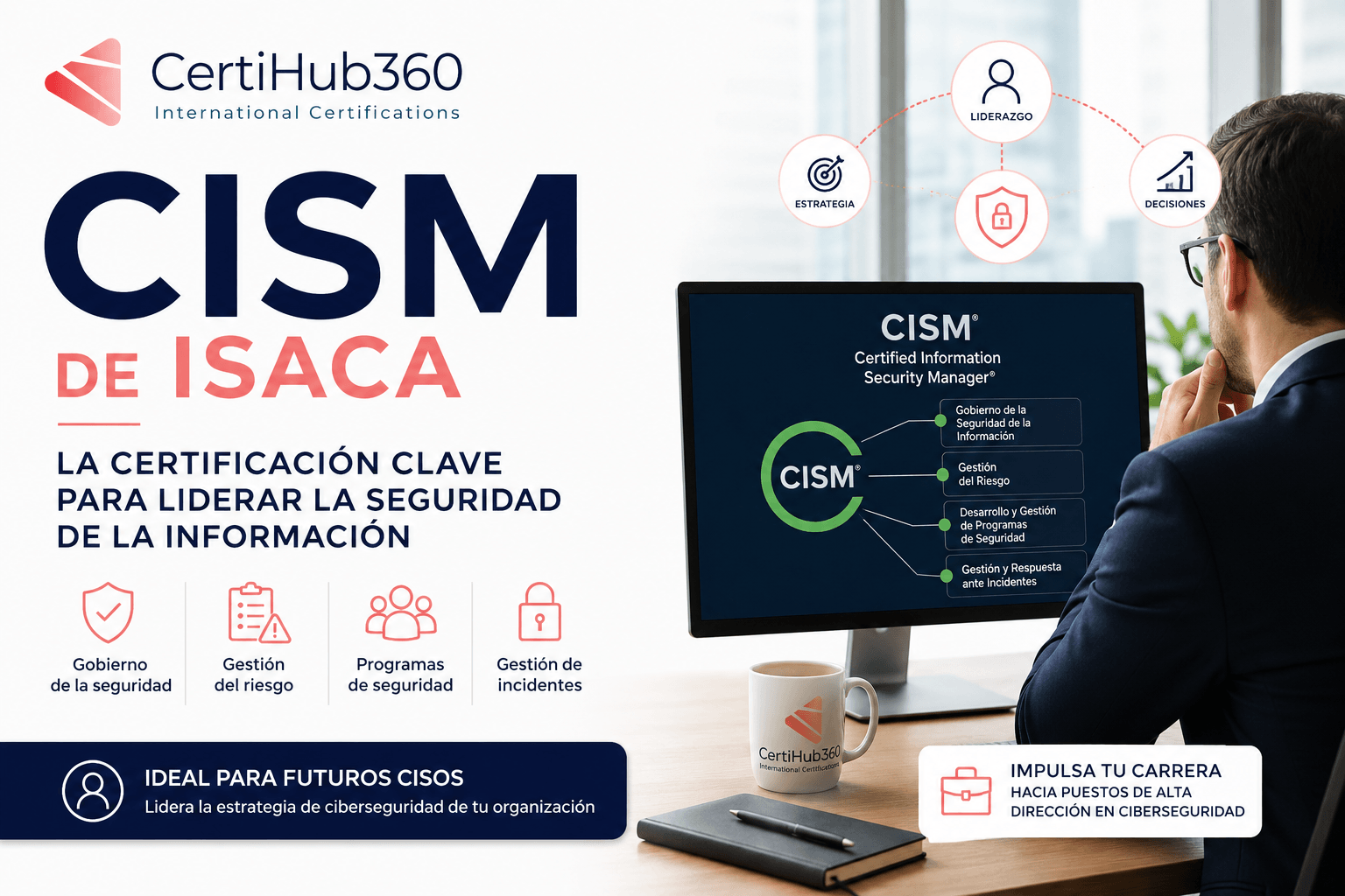 Profesional de ciberseguridad analizando la estrategia de seguridad de la información, representando la certificación CISM de ISACA orientada a perfiles de gestión y futuros CISOs.